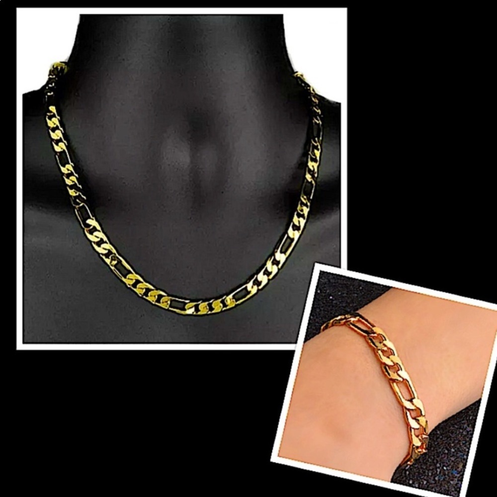 18K GOLD PLATED FIGARO NECKLACE BRACELET MATCHING SET